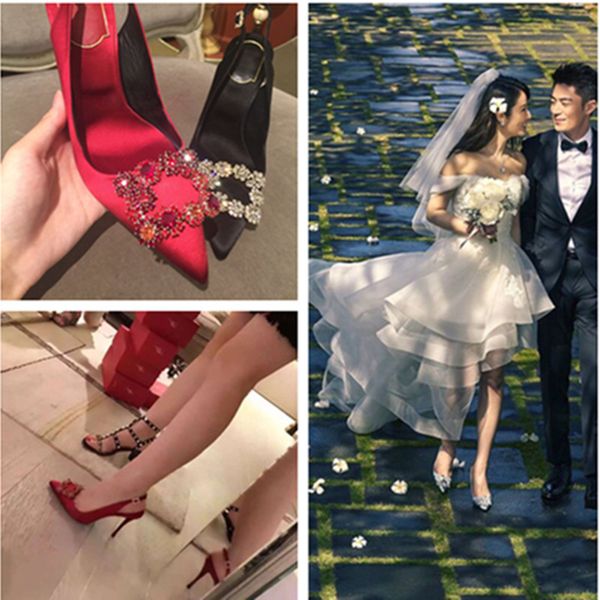 

wedding shoes glitter crystal slingback buckle briedsmaid shoes woman buckle gold silk pointy toe stiletto over high heels pumps, Black