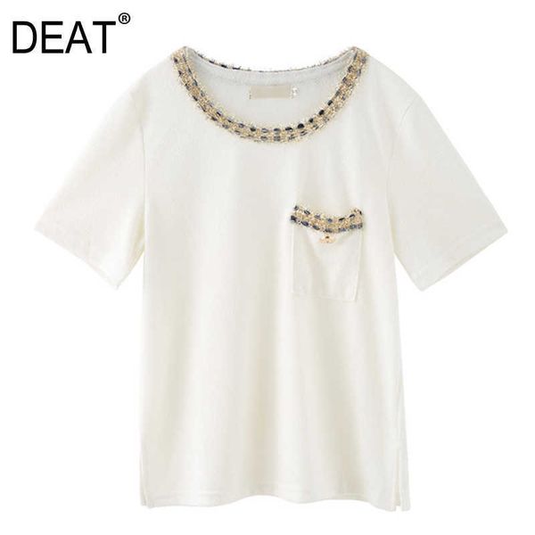 

[deat] summer fashion round neck splicing diamonding short sleeve loose personality women t-shirt 13c917 210527, White