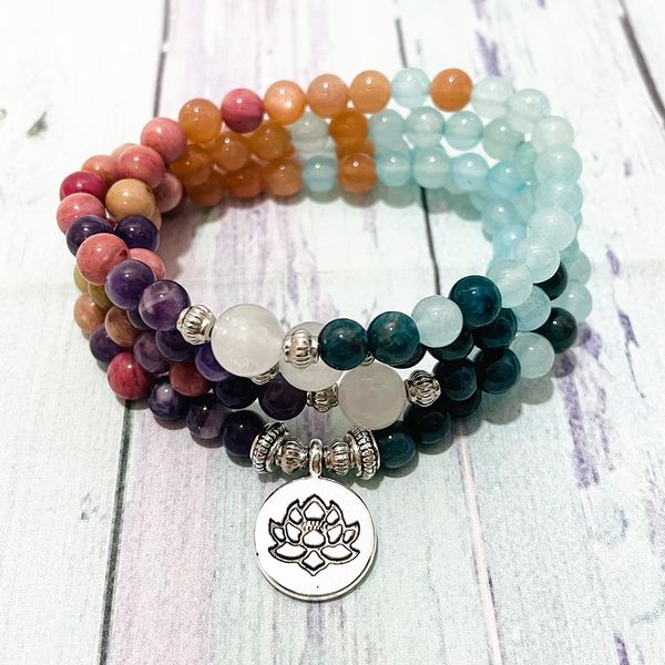 SN1502 Damen-Mala-Armband, 6 mm, Mischung aus Edelsteinen, 108 Mala, natürlicher Sonnenstein, Apatit, Lotus-Anhänger, Yoga-Mala-Armband, Meditation, Japa-Mantra-Perlen, Schmuck