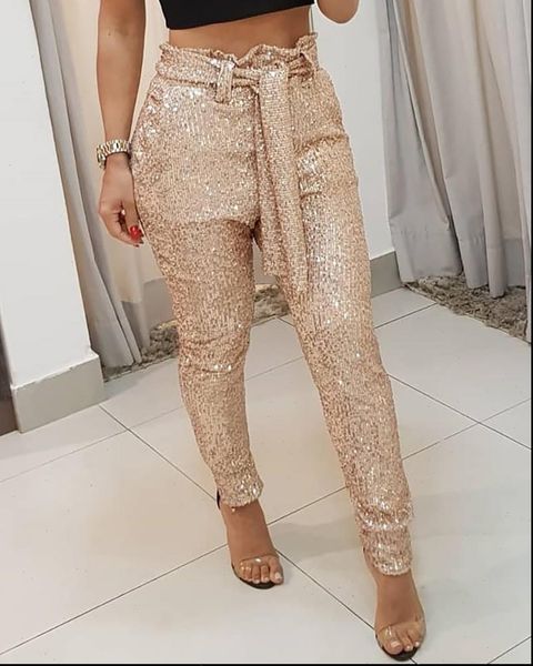 

women capri sequins belted slinky pencil pant solid black gold female bling party nightclub trousers drop, Black;white