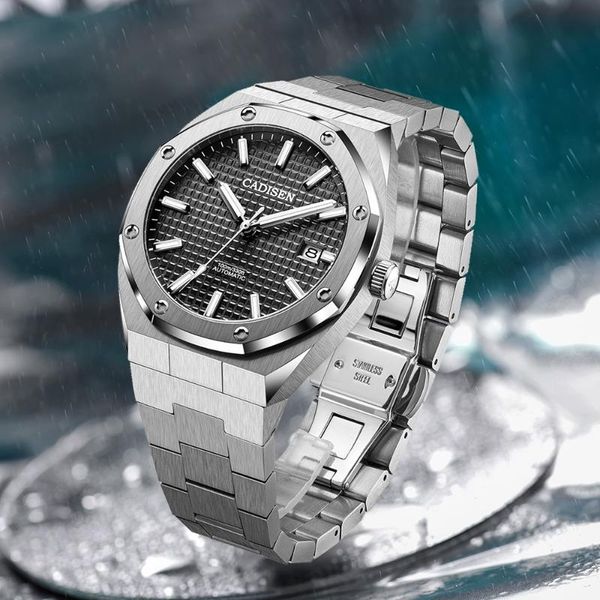 

wristwatches cadisen 42mm men watches mechanical automatic nh35a blue watch 100m waterproof casual business wristwatch, Slivery;brown