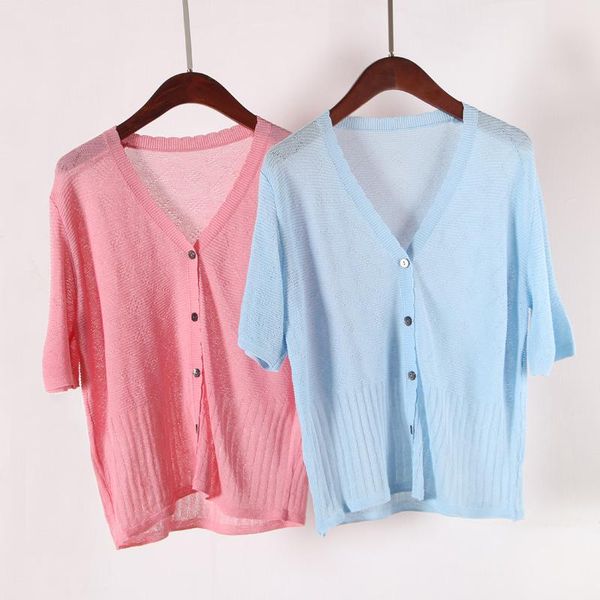 

women's blouses & shirts spring summer knitted thin solid color women hollow out striped stretch single breasted v-neck female, White