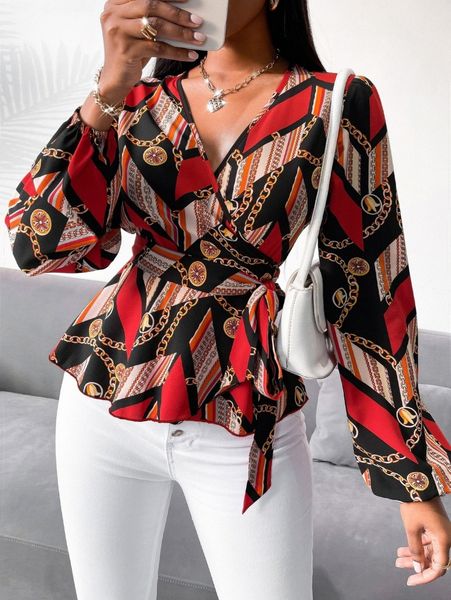 

random chain print belted peplum blouse m8zy#, White