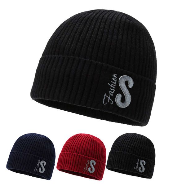 

hat autumn men's thickened plush wool wo knitted simple warm embroidery, Blue;gray