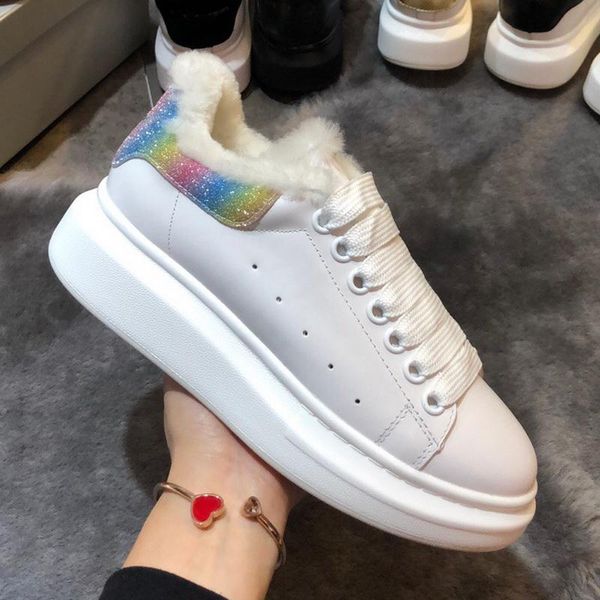 

boots 2021 women casual shoes fur genuine leather winter warm canvas comfortable round toe lace up mixed color, Black