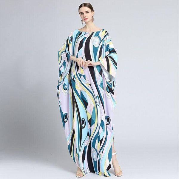 

[efatzp] 2021 fashion bohemian dress women over size hit color print floor length elegant batwing sleeve round collar casual dresses, Black;gray