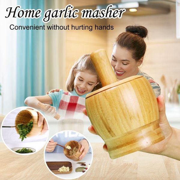 

mortar and pestle set - premium bamboo bowl garlic press grinder crusher