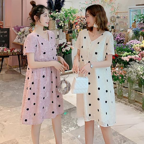 

maternity dresses 2021 summer pregnant women chiffon embroidery dress short sleeve/sleeveless polka dot fashion pregnancy, White