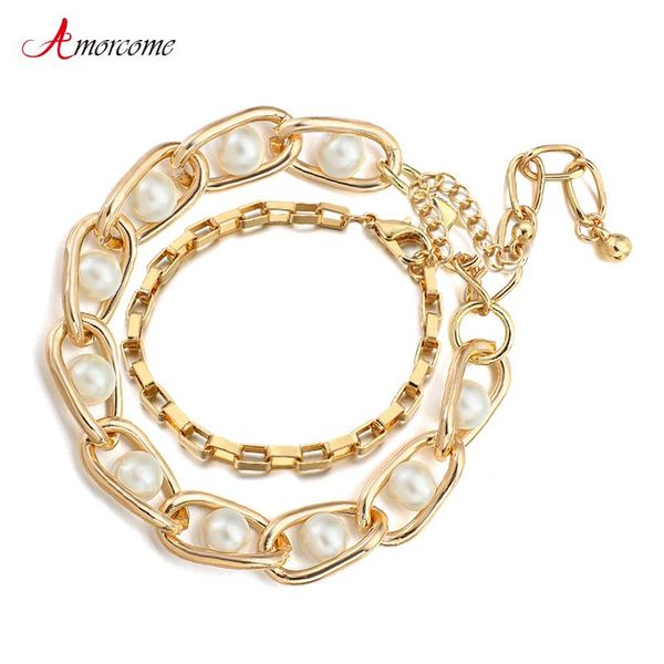 

amorcome 2pcs/set vintage baroque pearl chain bracelet bangle chunky lock women wedding stacking bracelets couple jewelry femme link,, Black