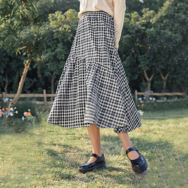 

skirt arrival plaid medium length cotton linen spring versatile retro a-line women's skirt yt3b, Black