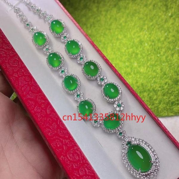 

chains 925 silver inlaid green chalcedony necklace charm jewellery hand-carved for women men fashion accessories