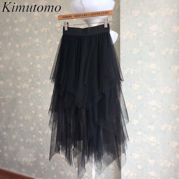 

kimutomo women solid black skirts spring autumn chic korean female irregular patchwork high waist mesh skirt outwear fashion 210521