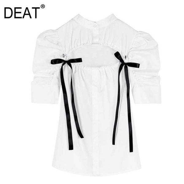 

[deat] summer fashion single-breasted solid color bow short sleeve stand-up collar chic women shirt 13c775 210527, White
