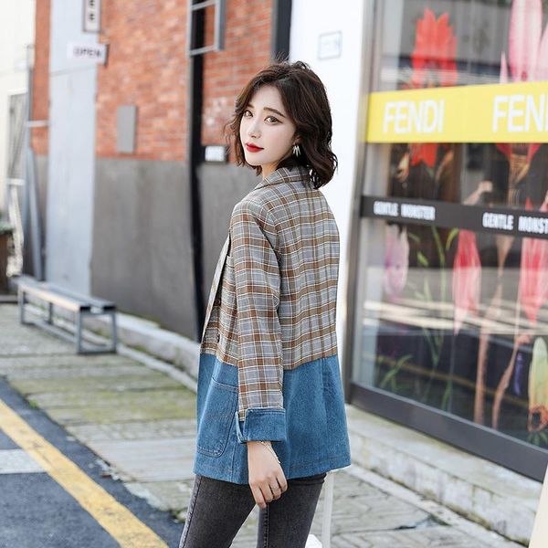 

plaid ladies suit spring 2021 new korean style slim denim stitching jacket, White;black