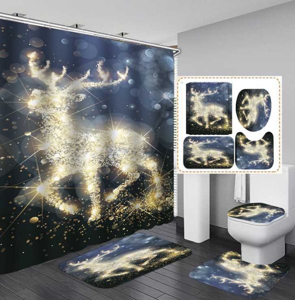 

carpets starblue-hgs christmas reindeer snowman waterproof shower curtain bath mat base carpet cover toilet bathroom 4pcs/set