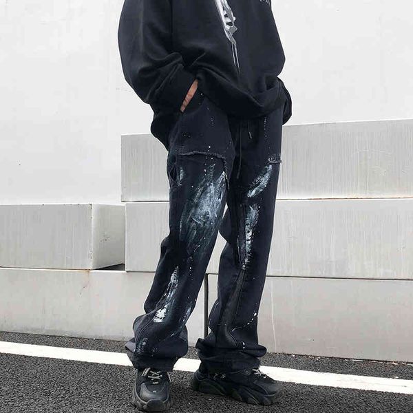 

men's jeans wide urban jeans, men's pants with shredded hip hop style graffiti 2fi1, Blue