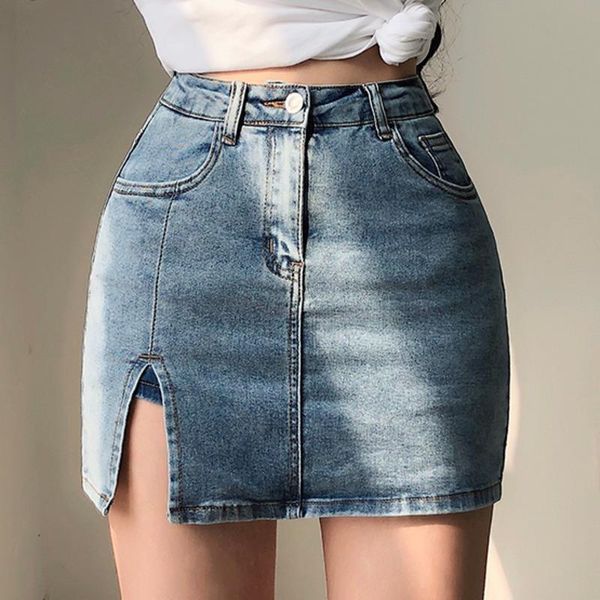 

summer s 2021 blue denim skirt, lady, european split, double safety, high waist, e1073 skirts, Black