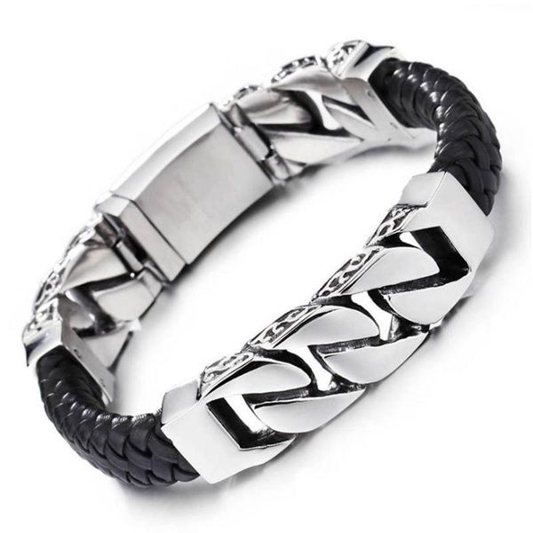 

link, chain punk rock men's weaved leather bracelets stainless steel wrap biker curb cuban bracelet men fashion jewelry pulseras hombre, Black