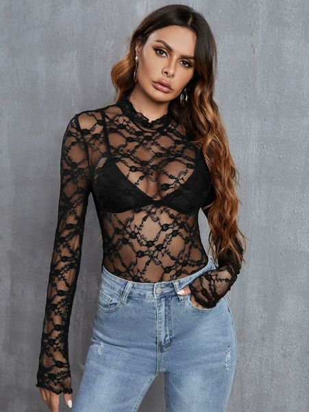 

mock neck sheer lace without bra n6zz#, White