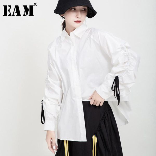 

[eam] women white drawstring big size blouse lapel long sleeve loose fit shirt fashion tide spring summer 2021 1y601 women's blouses &