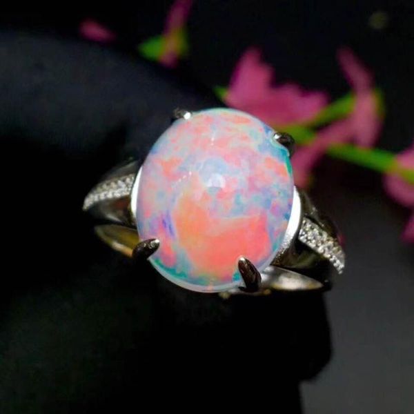 

cluster rings natural and real opal ring 925 sterling silver for women wedding, Golden;silver