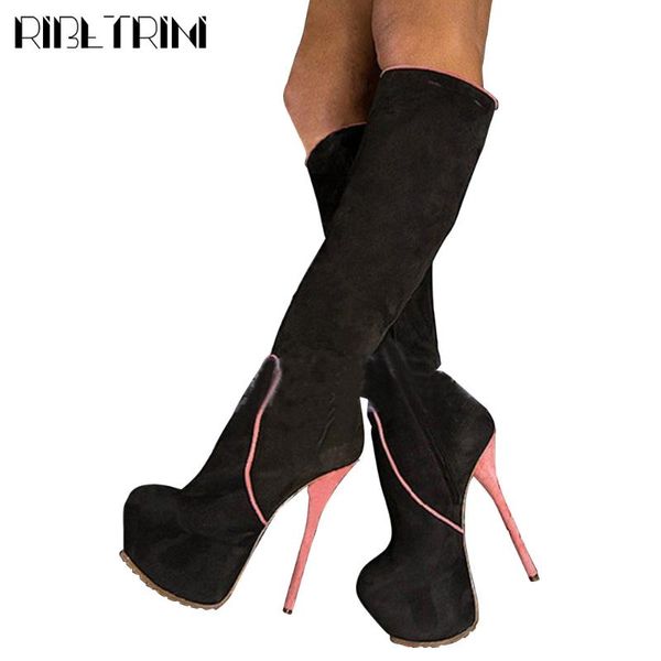 

boots ribetrini elegant unique knee high shoes fashion party extrem heels women concise autumn platform, Black