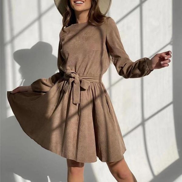 

casual dresses women fashion simple solid lace-up belt party dress autumn office lady mini elegant long sleeve winter pullover, Black;gray