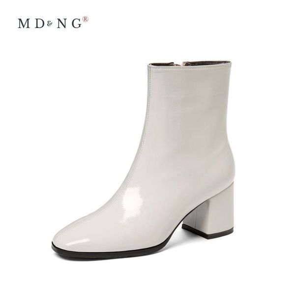 

boots 2021 fashion square toe retro single ankle women thick heel side zipper high patent leather, Black