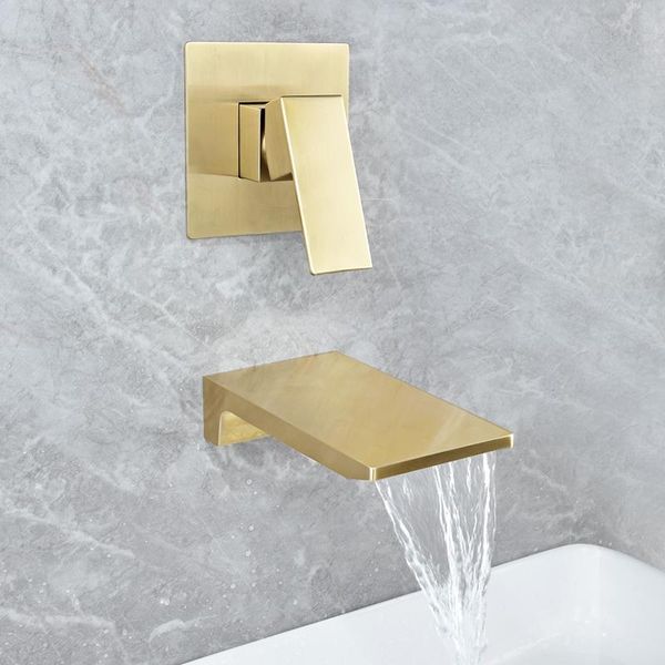 

wholesale and retail waterfall spout basin faucet brushed gold bathroom washing tap wall mounted single handle cold fa sink faucets