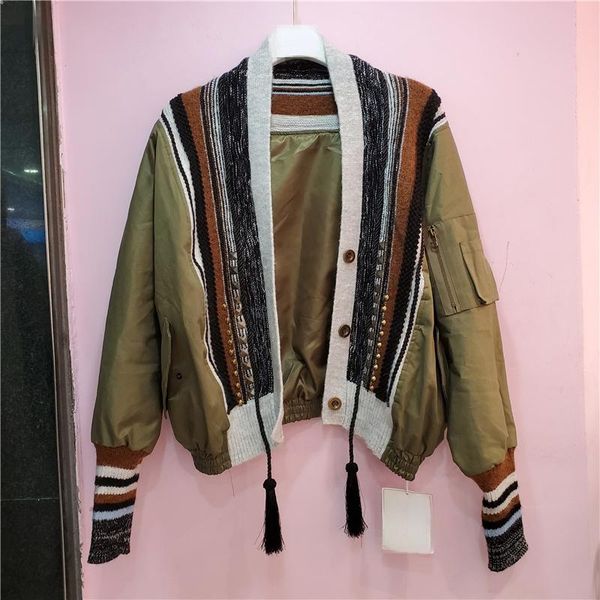 

women's jackets spring autumn jacket korean style ins baseball uniform coat loose temperament knitted patch v collor rivet tassel, Black;brown
