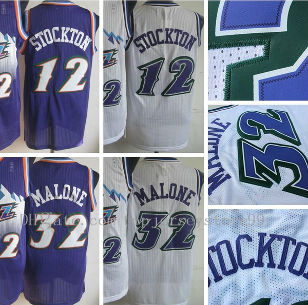 Commercio all'ingrosso Uomo Retro 32 Karl Malone Jersey Uniform Rev 30 Nuovo materiale 12 John Stockton Throw back Camicia Traspirante Home Alternate Viola Bianco 100% cucito