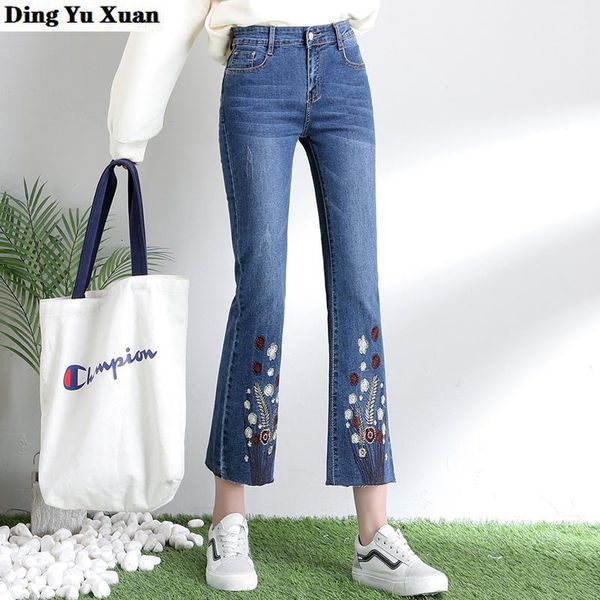 

women's jeans 2002 spring summer flower embroideried denim woman stretch loose flared capri plus size womens clothing, Blue