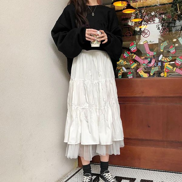 

skirts spring summer women's high waist mid-length women jupe white a-line mesh 2021 soft femme skirt faldas largas #t1, Black