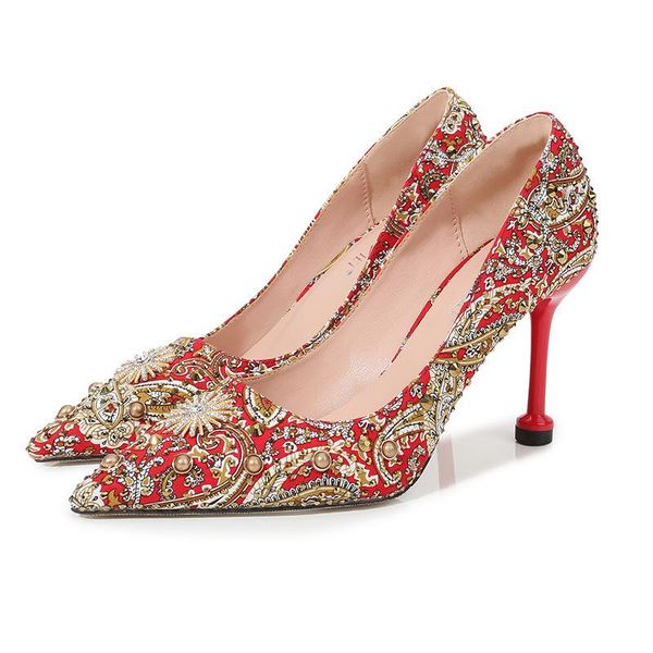 

dress shoes wedding thin high heels classic fashion female pumps women sequined cloth slip on 6cm pointed toe flower, Black