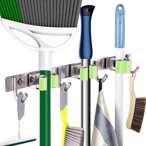 

hooks & rails multifunctional hook self-adhesive stainless steel mop storage rack hanger kitchen bathroom utensils