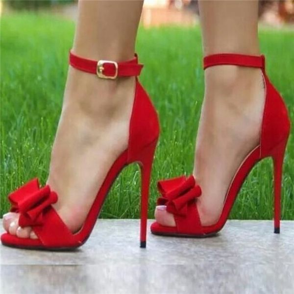 

handmade stiletto high heeled sandals buckle ankle strap bowtie-knot open-toe summer evening party prom fashion daily red shoes d657, Black
