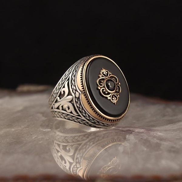 

onyx gemstone 925 sterling silver men 's ring cluster rings, Golden;silver