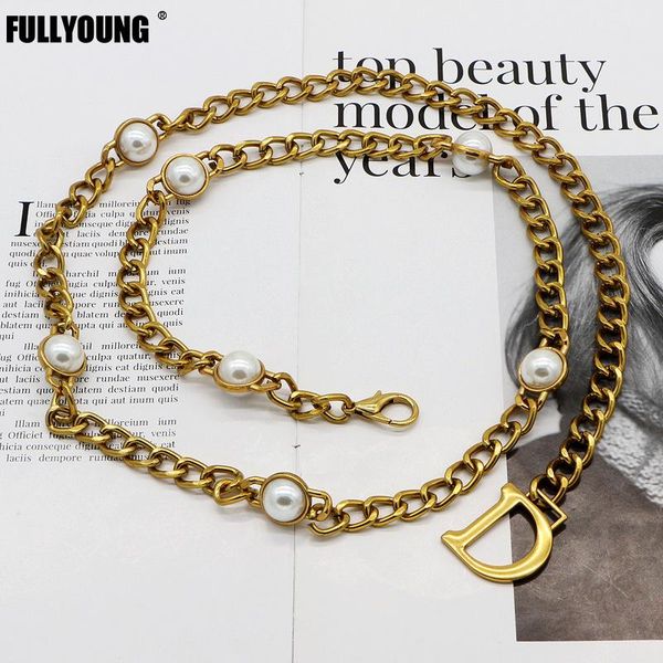 

fashion luxury exquisite woman belt big b letter bronze metal chain pearl personality women's trend 2021 all-match belts, Black;brown