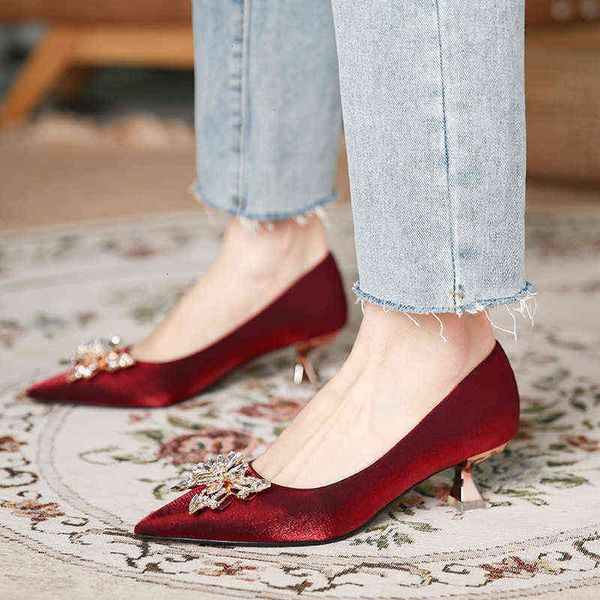 

kuku2021 spring and autumn french high heels women's thin heel pointed butterfly knot celebrity temperament rhintone single sho 5cm