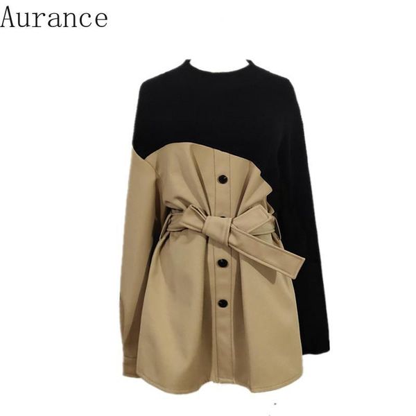 

[aurance] women long sleeve lace up trench coat knitted spliced windbreaker coats loose ladies spring women's, Tan;black