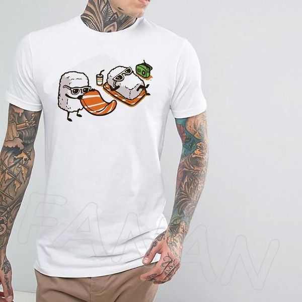 

men's t-shirts men print sushi onigiri on vacation tees mujer funny t-shirt casual harajuku summer white cotton s-3xl streetwear, White;black