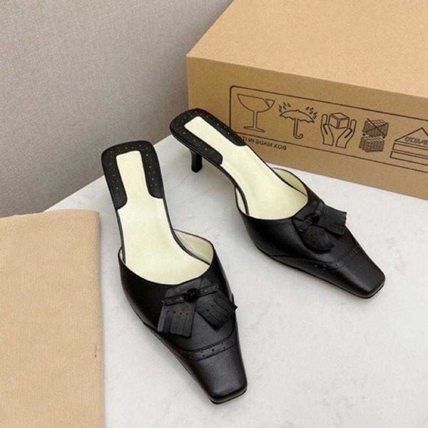 

luxury brand designer trend thin heel sandals slippers retro tassel high heels half slipper classic womens shoes with complete packaging, Black