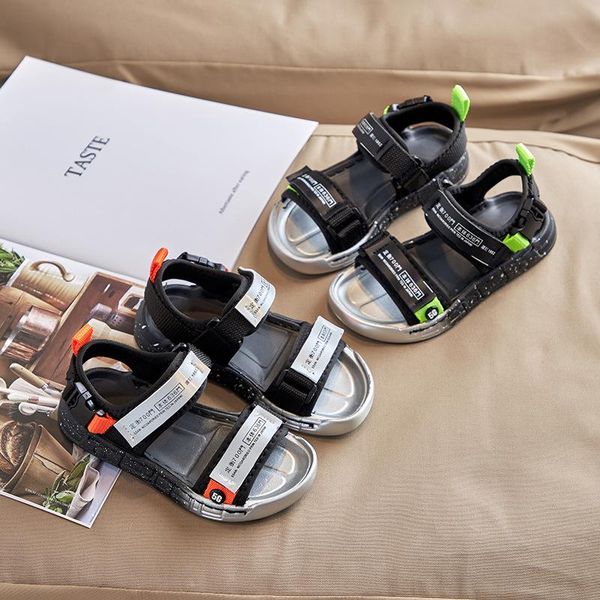 

sandals 2021 handsome boys with letters printed fashion patchwork shoes summer canvas flat heel beach kids e05292, Black;red