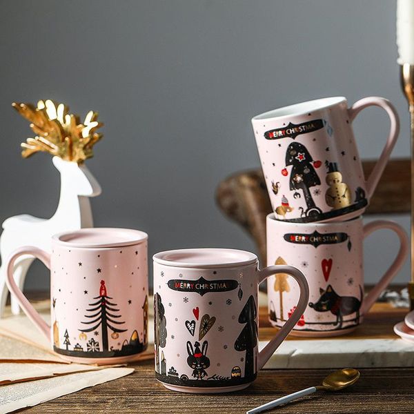 

mugs creative christmas cartoon ceramic with cover milk cup coffee beer glass pink