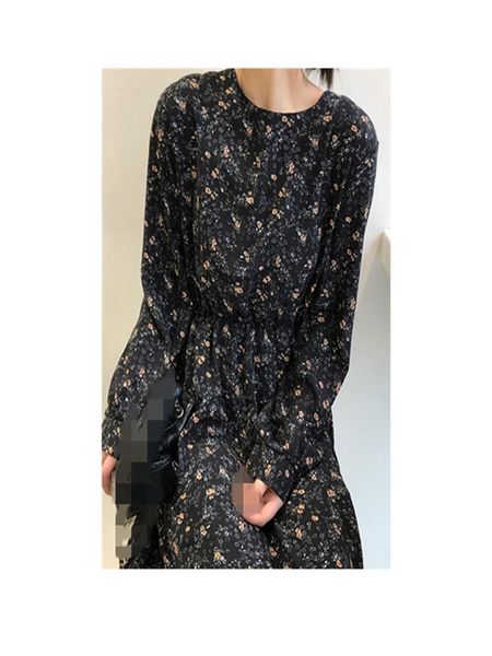 

casual dresses floral ruffle sleeve round neck loose waist women dress, Black;gray