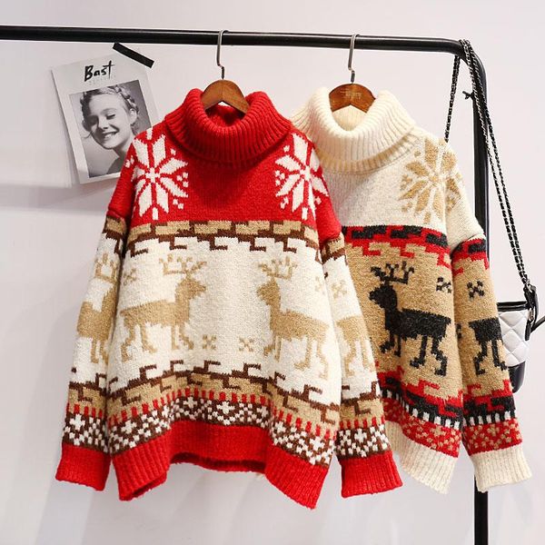 

women's sweaters women christmas sweater loose turtleneck winter contrast snowflake elk red lazy oversized jumper, White;black