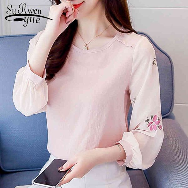 

fashion spring elegant chiffon women blouses long sleeve o-neck casual clothing floral sweet 5524 50 210508, White