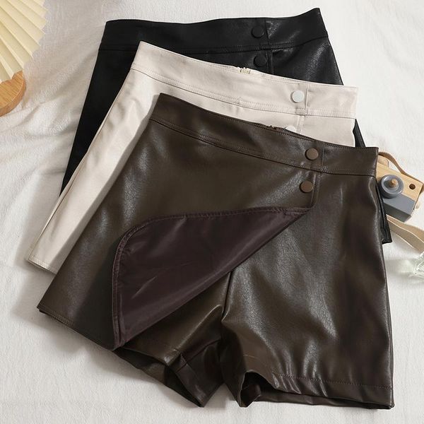 

women's shorts 2021 autumn irregular pu leather skirt high waisted wide leg biker black beige booty chores para mujer, White;black