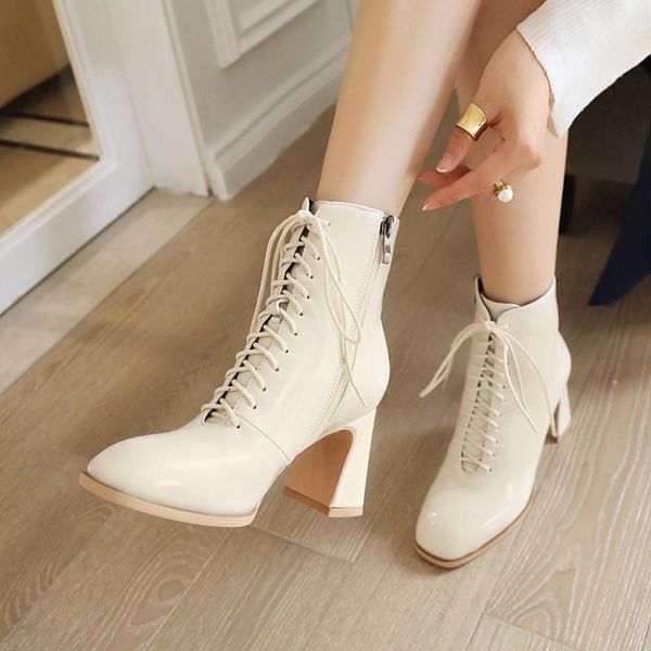 

boots patent leather high heel ankle women shoes square toe chunky heels zipper cross tied female short autumn oversize 48, Black