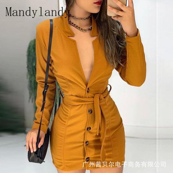 

ethnic clothing mandylandy women elegant single breasted bodycon dress ladies long sleeve turn down collar lace up slim fit pencil, Red